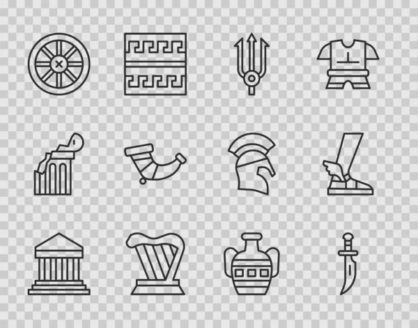 Set line Parthenon, Dagger, Neptune Trident, Harp, Old wooden wheel, Hunting horn, Ancient amphorae and Hermes sandal icon. Vector — стоковий вектор