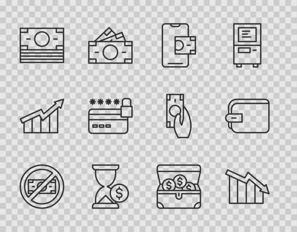 Set line No money, Financial growth decrease, Mobile banking, Hourglass with dollar, Stacks paper cash, Credit card lock, Treasure chest and Wallet icon. Vector — 스톡 벡터