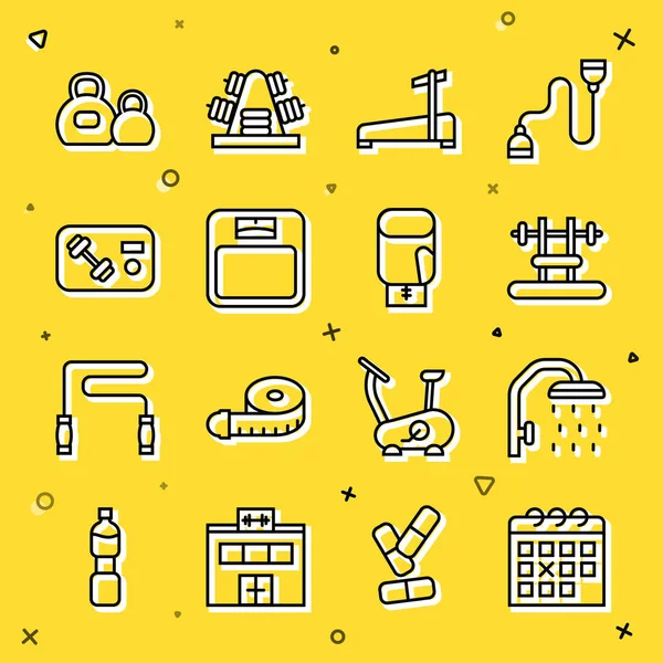 Set line Calendar fitness, Shower head, Bench with barbel, Treadmill machine, Bathroom scales, Fitness club, gym card, Kettlebell and Boxing glove icon. Vector — ストックベクタ