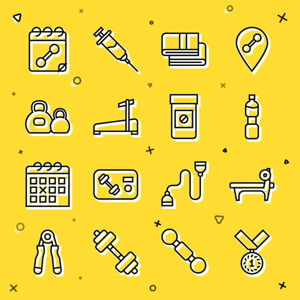 Hat madalyası, benç, su şişesi, havlu yığını, koşu bandı makinesi, kettlebell, takvim fitness ve anabolik uyuşturucu ikonu. Vektör