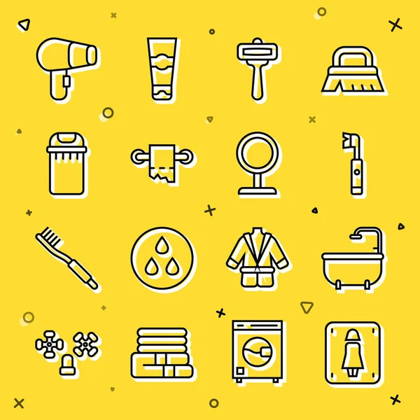Set line Female toilet, Bathtub, Electric toothbrush, Shaving razor, Toilet paper roll, Trash can, Hair dryer and Round makeup mirror icon. Vector — ストックベクタ