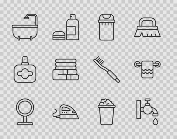 Set line Round makeup mirror, Water tap, Trash can, Electric iron, Bathtub, Towel stack, Bucket with soap suds and hanger icon. Vector — Vector de stock