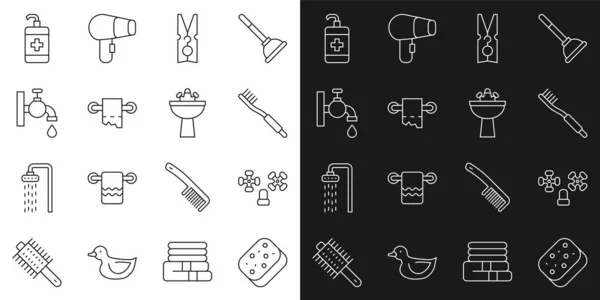 Set line Sponge, Water tap, Toothbrush, Clothes pin, Toilet paper roll, Hand sanitizer bottle and Washbasin with water icon. Vector —  Vetores de Stock