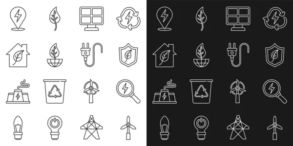 Set line Wind turbine, Lightning bolt, Shield with leaf, Solar energy panel, Earth globe and, Eco friendly house, and Electric plug icon. Vector — Wektor stockowy
