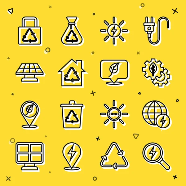 Hat yıldırımı, küresel enerji enerji gezegeni, Yaprak bitkisi teçhizat makinesi, güneş paneli, geri dönüşümlü Eco House, kağıt torba geri dönüşümü ve konum yaprağı ikonu. Vektör