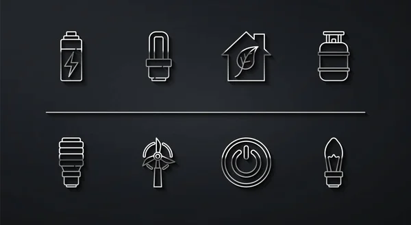 Set line Battery, LED light bulb, Propane gas tank, Power button, Wind turbine, Light and Eco friendly house icon. Vector — Διανυσματικό Αρχείο