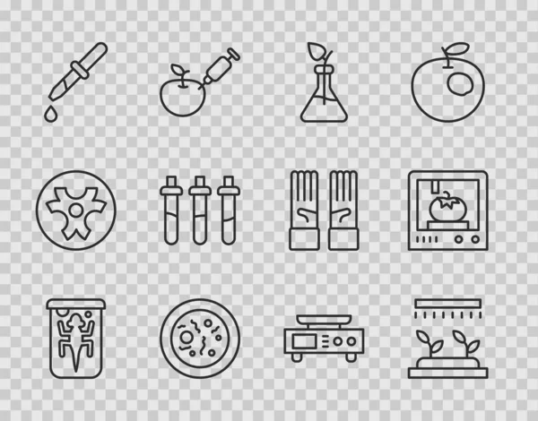 Set line Experimental animal, Automatic irrigation sprinklers, Plant breeding, Petri dish with bacteria, Pipette, Reagent bottle, Electronic scales and 3D printing technology icon. Vector — Archivo Imágenes Vectoriales