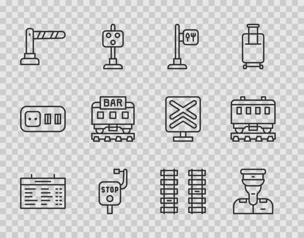 Set line Train station board, conductor, Cafe and restaurant location, Emergency brake, Railway barrier, Restaurant train, Railway, railroad track and Passenger cars icon. Vector — Stock Vector