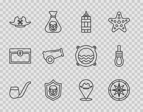 Set line Smoking pipe, Compass, Dynamite bomb, Shield with pirate skull, Pirate hat, Cannon, Location and Gallows rope loop hanging icon. Vector — стоковий вектор