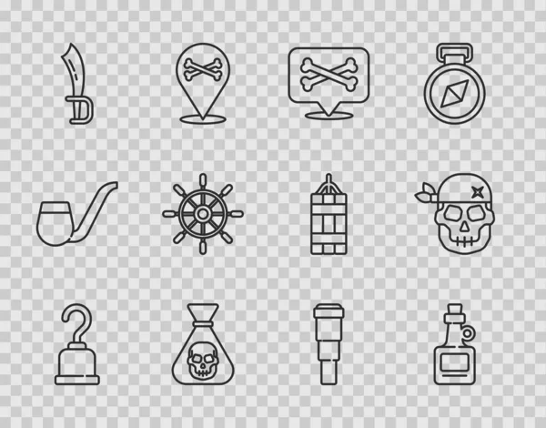 Set line Pirate hook, Alcohol drink Rum, Location pirate, coin, sword, Ship steering wheel, Spyglass telescope lens and Skull icon. Vector — Stockvektor