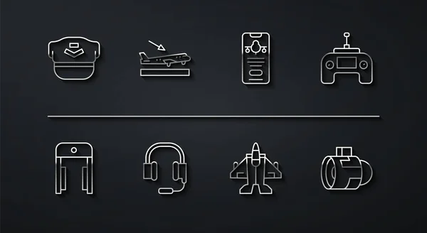 Set line Pilot hat, Metal detector in airport, Drone remote control, Jet fighter, Headphones with microphone, Plane landing, engine turbine and Mobile ticket icon. Vector — Stockový vektor