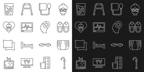 Set line Walking stick cane, Adult diaper, Slippers, Blood pressure, Monitor with cardiogram, Grandmother, False jaw glass and Male head hospital icon. Vector — Stockvektor