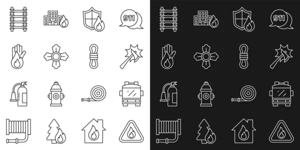 Set line Fire flame in triangle, truck, Firefighter axe, protection shield, No fire, escape and Climber rope icon. Vector — Vettoriale Stock