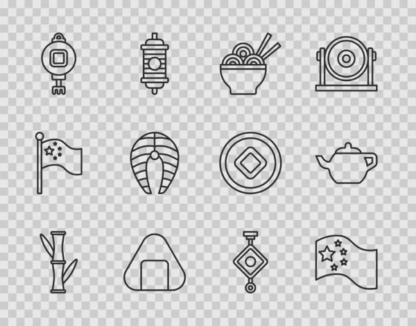 Set line Bamboo, China flag, Asian noodles bowl, Sushi, Chinese paper lantern, Fish steak, and ceremony icon. Vector — Stockvektor