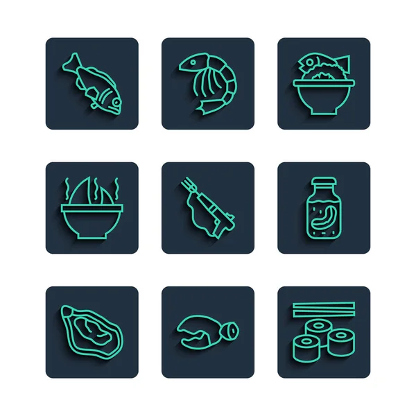 Set line Mussel, Lobster or crab claw, Sushi, Served fish on bowl, Fishing harpoon, Shark fin soup, and Sea cucumber jar icon. Vector — Stockový vektor