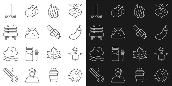 Set line Chestnut, Scarecrow, Eggplant, Watermelon, Sun and cloud weather, Bench, Garden rake and Winter scarf icon. Vector — стоковый вектор