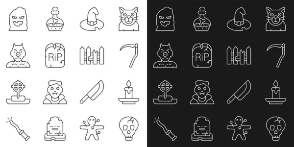 Set line Skull, Burning candle, Scythe, Witch hat, Tombstone with RIP written, Krampus, heck, Funny scary ghost mask and Garden fence wooden icon. Vector — 스톡 벡터