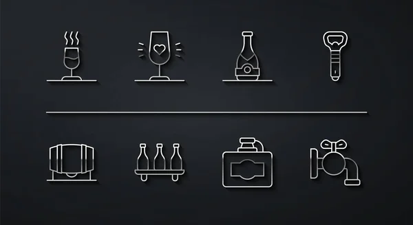 Şarap tatma, deguasyon, şarap için tahta fıçı, şişe açacağı, karton kutu, cam, musluk ve şampanya şişesi ikonu. Vektör — Stok Vektör