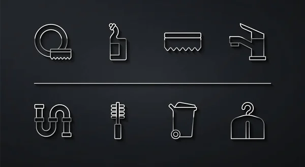 Set line Lave-vaisselle, tuyau métallique de l'industrie, robinet d'eau, poubelle, brosse de toilette, bouteille de liquide lave-vaisselle, penderie et icône éponge. Vecteur — Image vectorielle