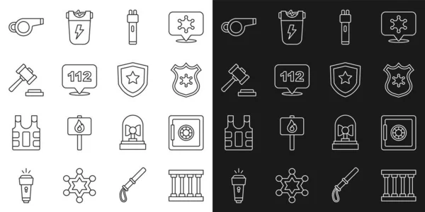 Set line Prison window, Safe, Police badge, electric shocker, Telephone call 112, Judge gavel, Whistle and icon. Vector — стоковый вектор