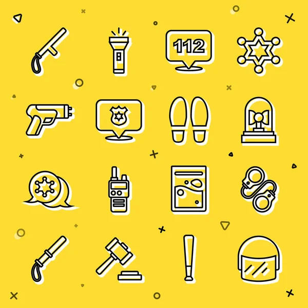 Set line Police helmet, Handcuffs, Flasher siren, Telephone call 112, badge, electric shocker, rubber baton and Footsteps icon. Vector — ストックベクタ