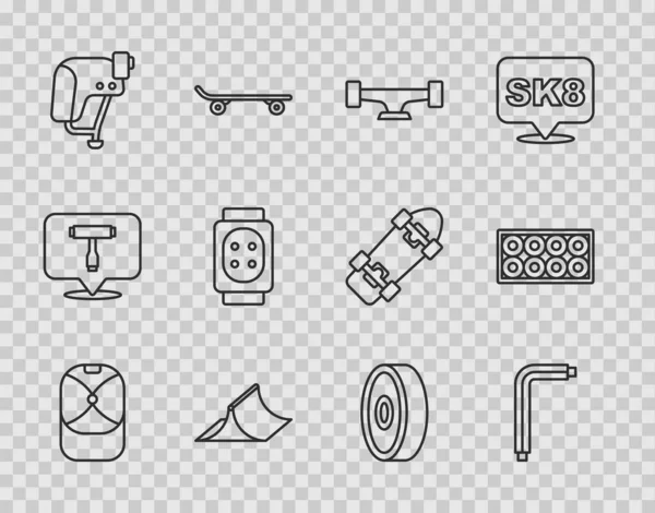 Set line Baseball cap, Tool allen keys, Skateboard wheel, park, helmet, Knee pads, bearing and icon. Vector — Vetor de Stock