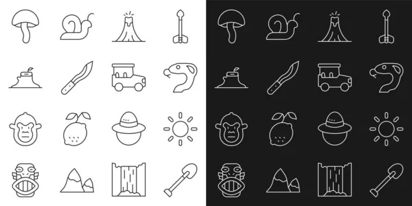 Set line Shovel, Sun, Snake, Volcano eruption, Machete, Tree stump, Mushroom and Safari car icon. Vector — Archivo Imágenes Vectoriales