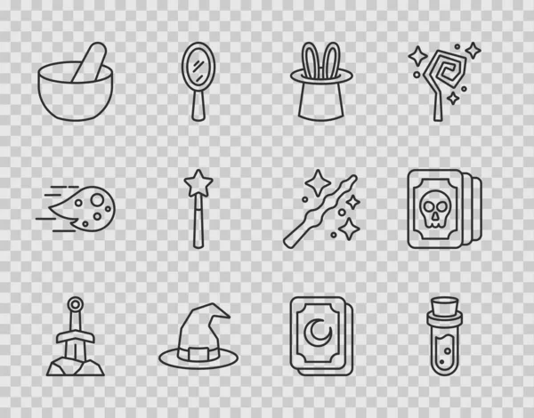 Set line Sword in the stone, Bottle with potion, Magician hat and rabbit ears, Witch, cauldron, wand, Tarot cards and icon. Vector — Vector de stock