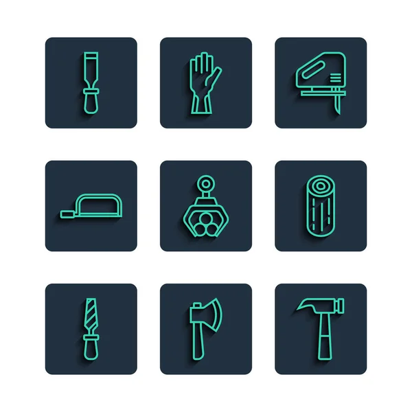 Set line Rasp metal file, Wooden axe, Hammer, Electric jigsaw, Grapple crane grabbed log, Hacksaw, Chisel tool and logs icon. Vector — Stockvector