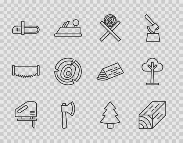 Definir linha Jigsaw elétrico, feixe de madeira, logs em stand, machado, motosserra, árvore de Natal e Árvore ícone. Vetor — Vetor de Stock