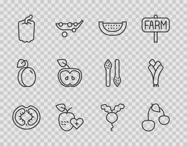 Set line Tomato, Cherry, Watermelon, Healthy fruit, Bell pepper, Apple, Radish and Leek icon. Vector — стоковий вектор