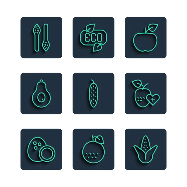 Set line Coconut, Orange fruit, Corn, Apple, Cucumber, Avocado, Asparagus and Healthy icon. Vector — Stockový vektor