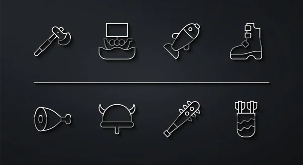 Set line Wooden axe, Chicken leg, Ancient viking boots, Mace with spikes, Viking horned helmet, ship Drakkar, Quiver arrows and Fish icon. Vector — Image vectorielle