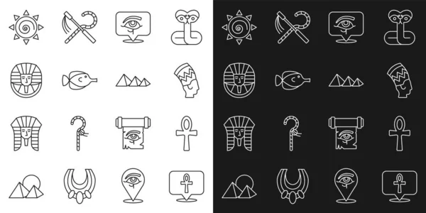 Set line Cross ankh, Nefertiti, Eye of Horus, Butterfly fish, Egyptian pharaoh, Sun and pyramids icon. Vector — Stockvektor