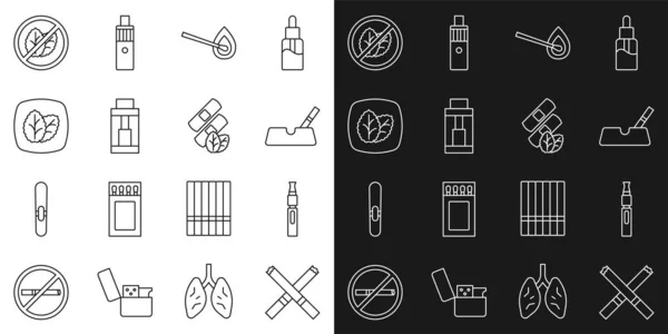 Set line Cigarette, Electronic cigarette, Ashtray with, Burning match fire, Vape mod device, Tobacco leaf, No tobacco and Medical nicotine patches icon. Vector — Stockvektor