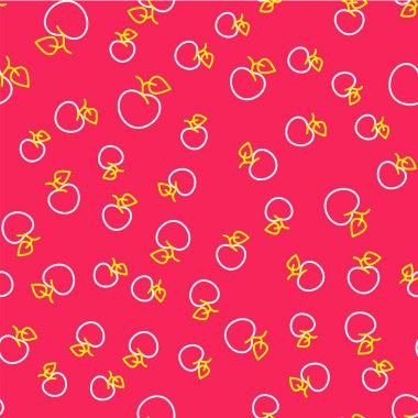 Line Peach fruit or nectarine with leaf icon isolated seamless pattern on red background. Vector