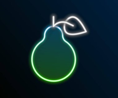 Parlayan neon hattı Pear simgesi siyah arkaplanda izole edildi. Yaprak sembollü meyve. Renkli taslak konsepti. Vektör