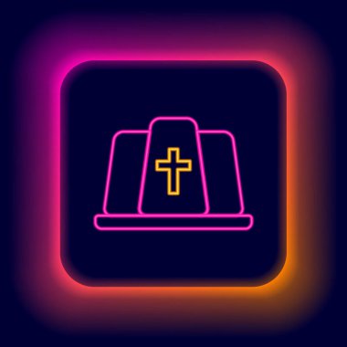 Parlayan neon hattı Papa 'nın şapka simgesi siyah arkaplanda izole edildi. Hristiyan şapkası işareti. Renkli taslak konsepti. Vektör