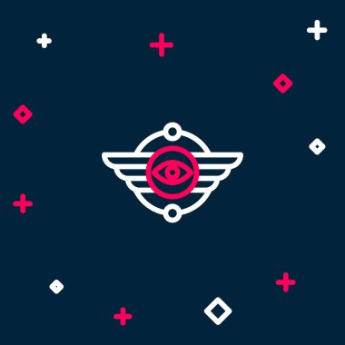 Mavi arka planda izole edilmiş çizgi Mısır sembolü kanatlı güneş ikonu. Renkli taslak konsepti. Vektör