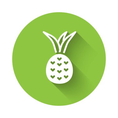 Uzun gölgeli beyaz ananas tropikal meyve ikonu. Yeşil daire düğmesi. Vektör