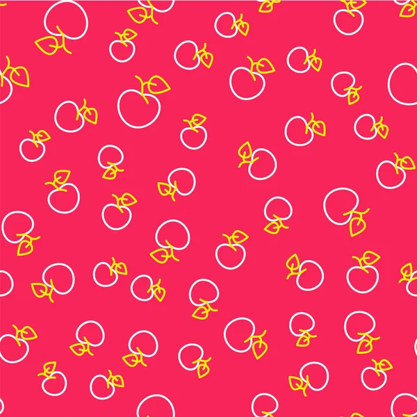 Çizgi Şeftali ağacı meyvesi veya nektarin, kırmızı arka planda, yaprak simgesiyle izole edilmiş, dikişsiz desen. Vektör