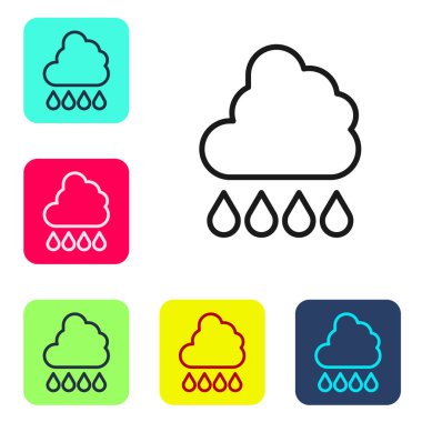 Beyaz zemin üzerinde yağmur ikonu olan siyah çizgi bulutu. Yağmur damlaları ile yağmur bulutu yağışı. Renkli kare düğmelerle simgeleri ayarla. Vektör