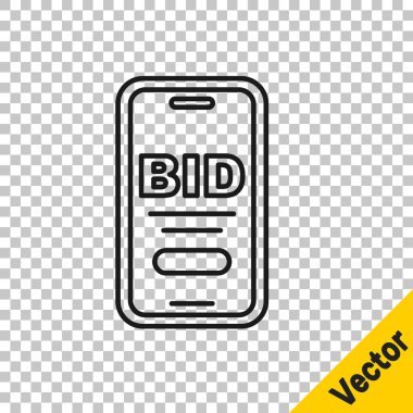 Siyah Hat Çevrimiçi açık artırma simgesi şeffaf arkaplanda izole edildi. Teklif tabelası. Açık arttırma teklifi. Satış ve alıcılar. Vektör