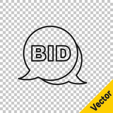 Şeffaf arkaplanda siyah çizgi teklif simgesi izole edildi. Açık arttırma teklifi. Satış ve alıcılar. Vektör