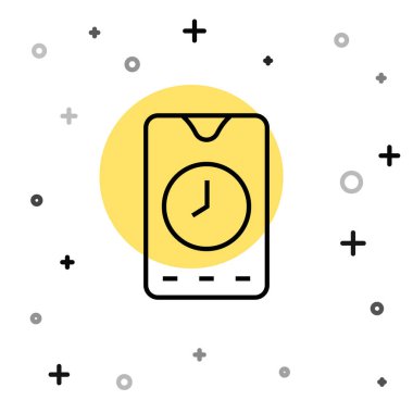 Siyah çizgi alarm saati uygulaması akıllı telefon arayüzü simgesi beyaz arkaplanda izole edildi. Rastgele dinamik şekiller. Vektör