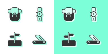 Set Swiss army knife, Hiking backpack, Road traffic sign and Wrist watch icon. Vector