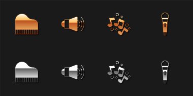 Büyük piyano, megafon, müzik notası, ton ve mikrofon simgesi. Vektör