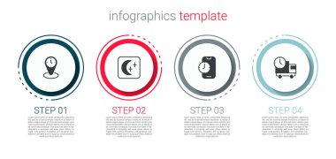 Zaman dilimi saatleri, ay ve yıldızlar, alarmlı uygulama mobil ve teslimat kamyonu zamanı. Ticari bilgi şablonu. Vektör