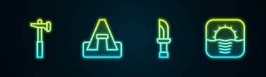 Hammer, Turist Çadırı, Bıçak ve Gün Doğumu. Parlayan neon ikonu. Vektör