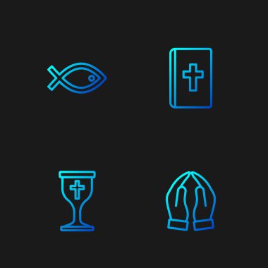 Hristiyan kadehi, balık sembolü ve kutsal İncil kitabı gibi. Renk simgeleri. Vektör
